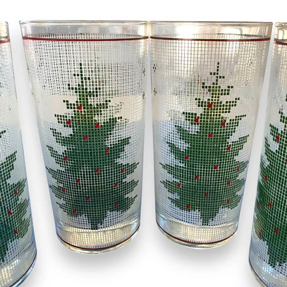 Vintage 4 pc CULVER Needlepoint Holiday Christmas Tree Glasses Highball Tumbler